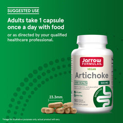 Bottle with glass Jarrow Artichoke 500mg for a digestion routine.