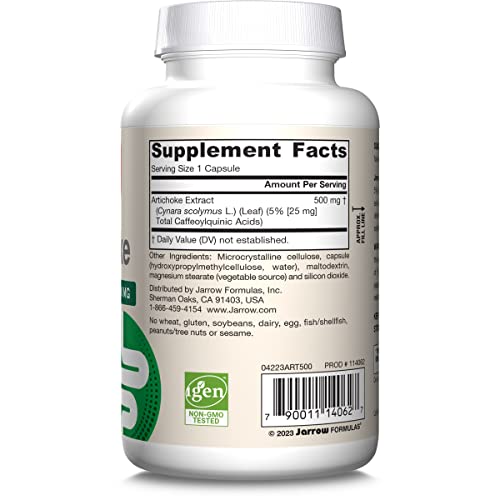 Label close-up Jarrow Artichoke 500mg bottle information.