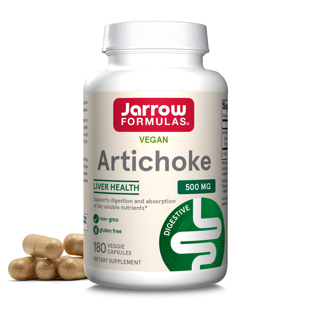 Jarrow Formulas Artichoke 500mg bottle on table for daily digestion support.