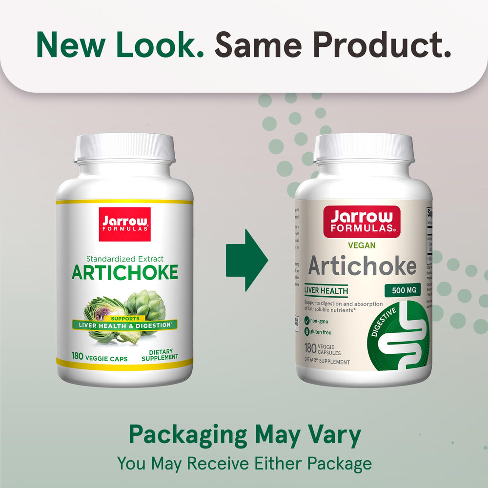 Closeup of Jarrow Artichoke 500mg capsules highlighting plant-based formula.