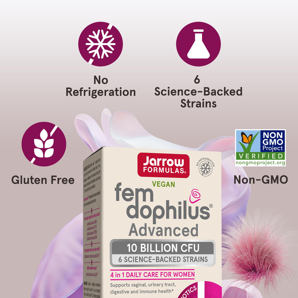 Jarrow Fem-Dophilus Advanced packaging emphasizes shelf-stable design