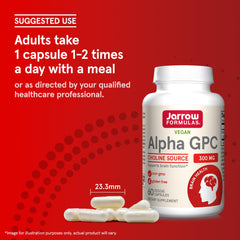Jarrow Formulas Alpha GPC bottle with clear dosage information on the label.