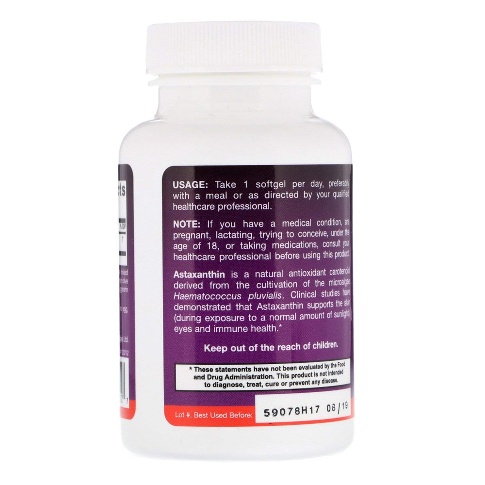 Label details of Jarrow Formulas Astaxanthin highlighting Haematococcus pluvialis origin.