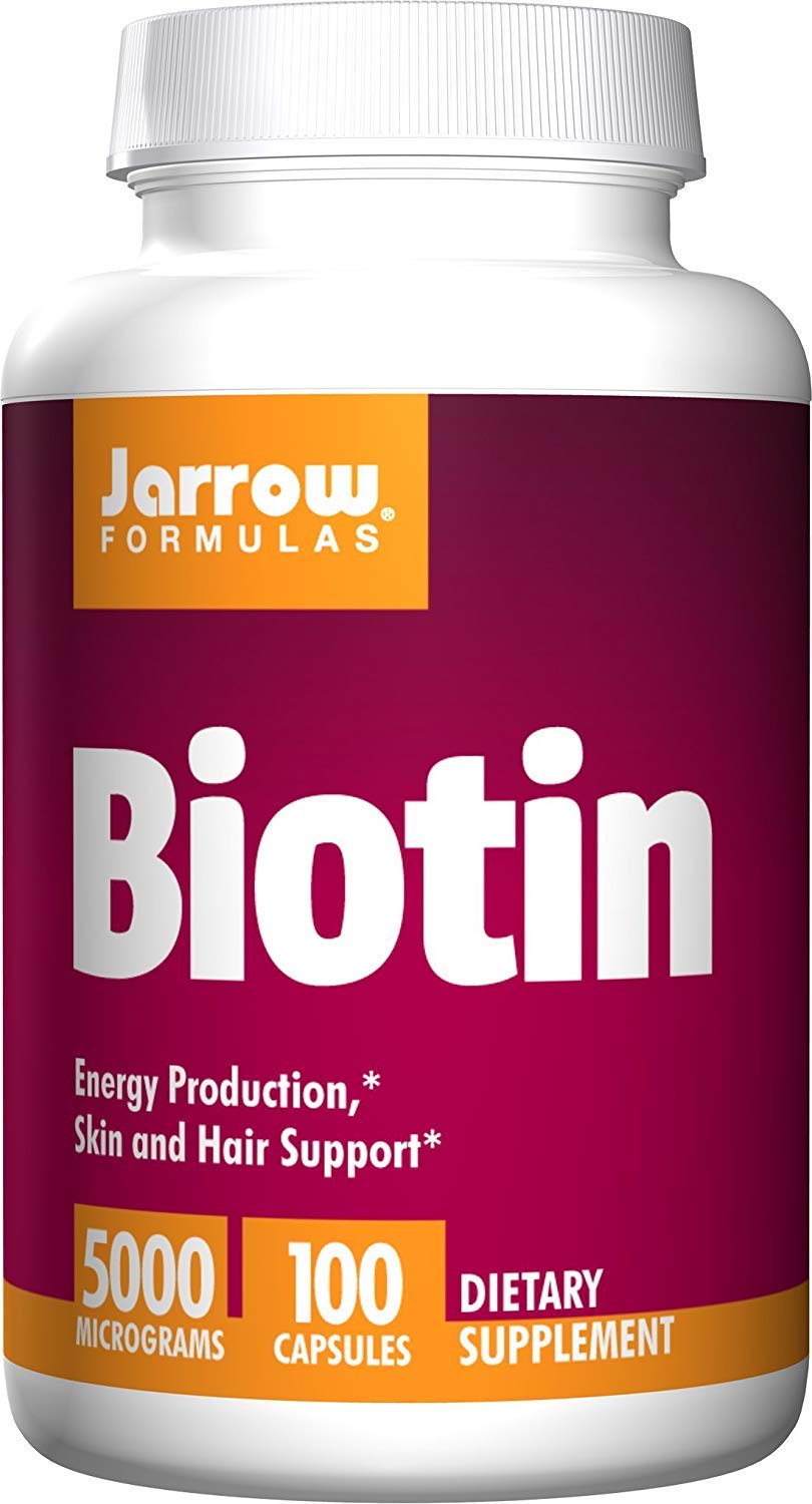 Jarrow Formulas Biotin 5000 mcg bottle close-up for skin, hair, and energy support.