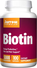 Jarrow Formulas Biotin 5000 mcg bottle close-up for skin, hair, and energy support.