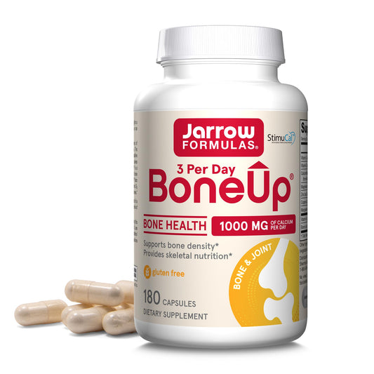 Jarrow Formulas BoneUp bottle packaging highlighting bone health with MCHA calcium