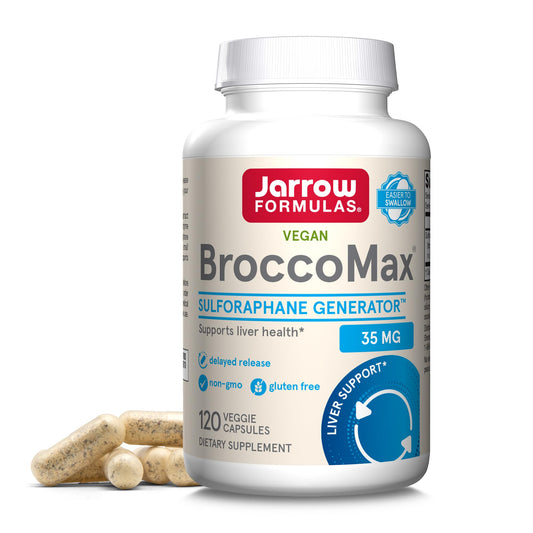 Jarrow Formulas BroccoMax sulforaphane bottle shows daily liver-support capsules.