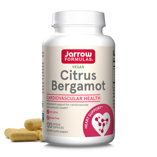 Jarrow Formulas Citrus Bergamot 500 mg bottle on a kitchen counter for daily antioxidant support.