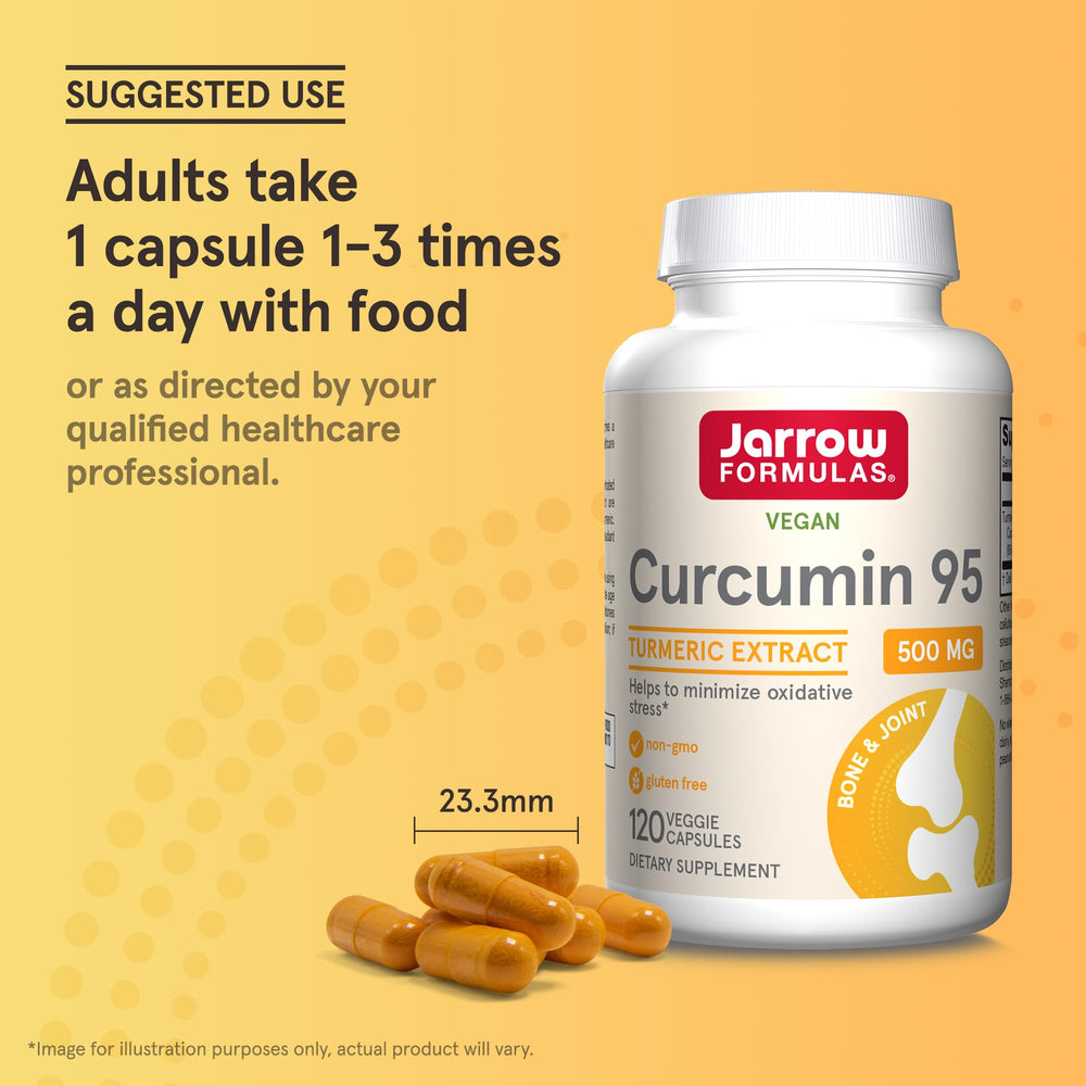 Capsules pouring from Jarrow Curcumin 95 bottle for easy daily dosing.