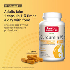 Capsules pouring from Jarrow Curcumin 95 bottle for easy daily dosing.