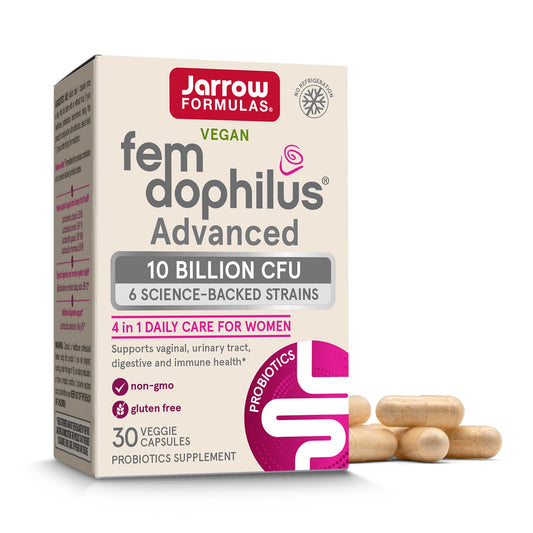 Jarrow Formulas Fem-Dophilus bottle front view showing 30-count packaging for vaginal and digestive health support.