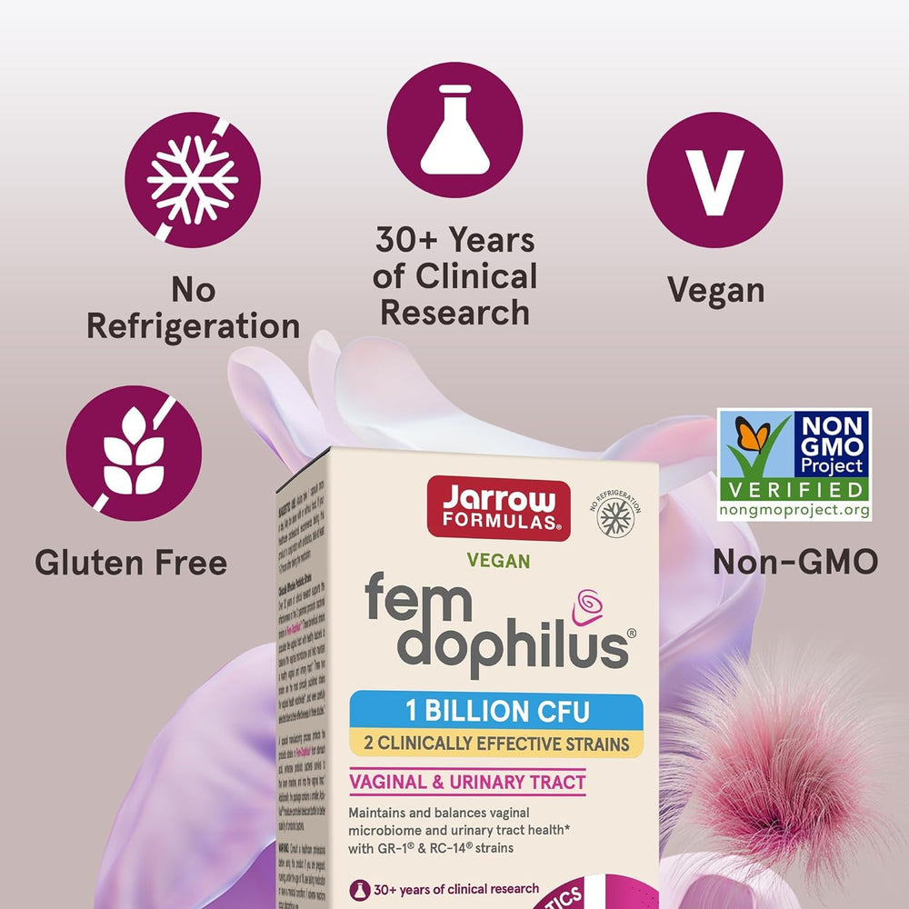 Jarrow Fem-Dophilus daily-use packaging beside glass of water.