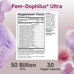 Vegan and gluten-free certification icons on the Fem-Dophilus Ultra label