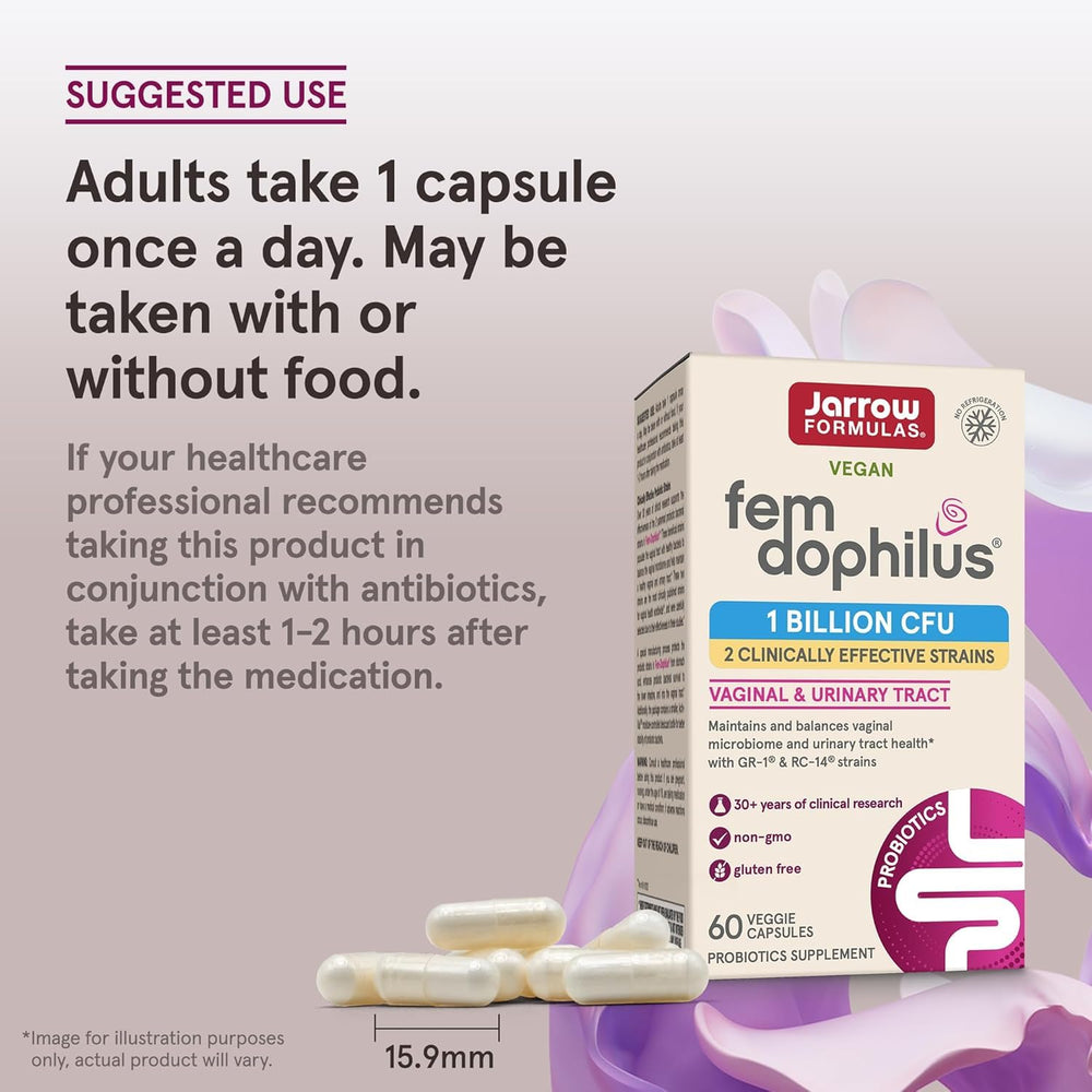 Jarrow Fem-Dophilus bottle highlighting urinary health focus.