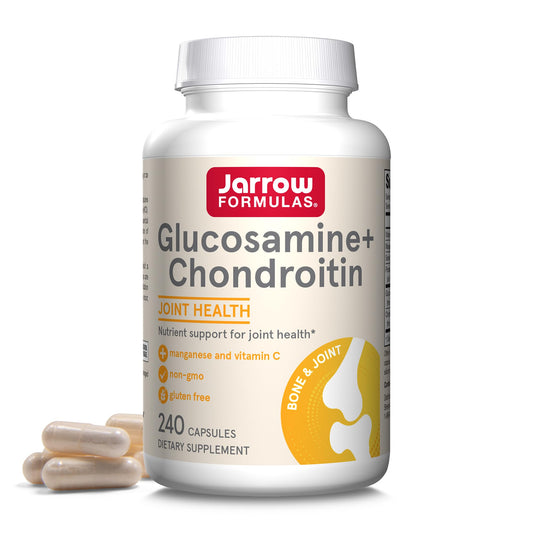 Jarrow Formulas glucosamine-chondroitin bottle highlighting joint support nutrients.