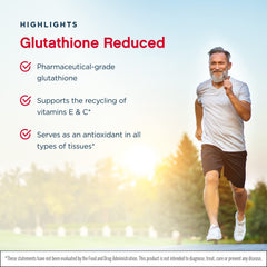 Bottle poured to illustrate easy dosing of Glutathione Reduced capsules.