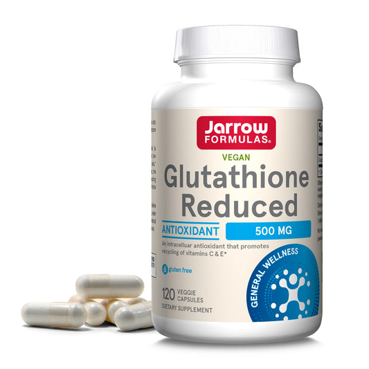 Jarrow Formulas Glutathione reduced bottle for daily antioxidant support.