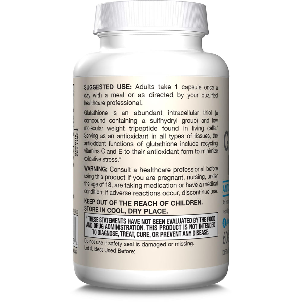 Jarrow Formulas Glutathione Reduced close-up capsule highlights daily intake.