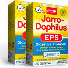 Jarrow Formulas Jarro-Dophilus EPS bottle with enteric-coated capsules for daily digestive support.