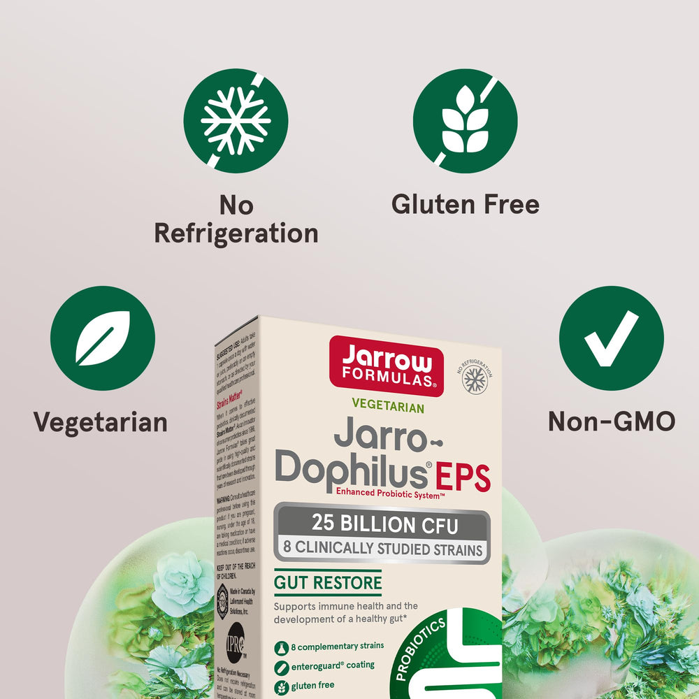 Jarrow Formulas Jarro-Dophilus EPS info panel with 25B CFU and eight strains.