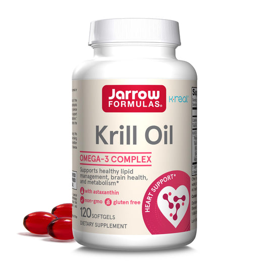 Jarrow Formulas Krill Oil softgels bottle showing omega-3 benefits for brain and heart health