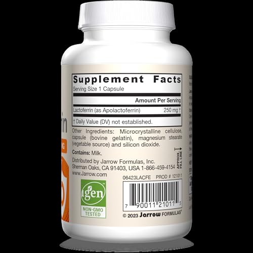 Jarrow Formulas Lactoferrin label highlights gluten-free, non-GMO attributes.