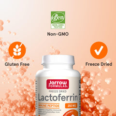 Jarrow Formulas Lactoferrin ingredient panel outlines 250 mg per capsule.