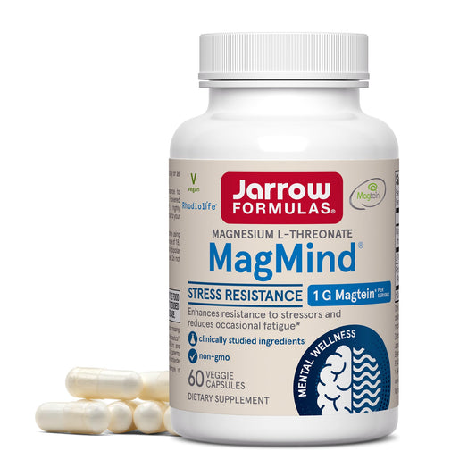 Jarrow Formulas MagMind bottle highlighting high-absorption magnesium for daily stress support.