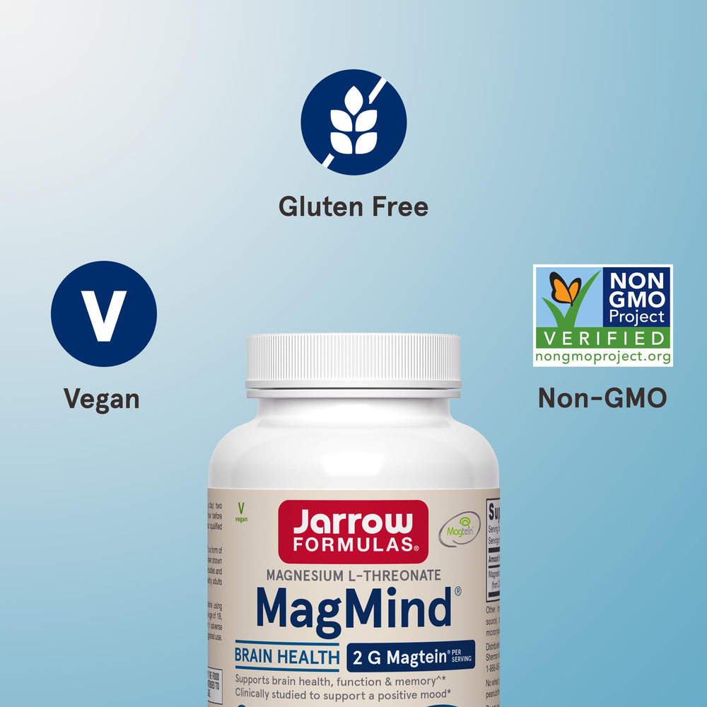 Jarrow Formulas MagMind bottle beside desk setup for workplace focus