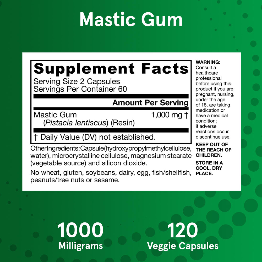 Jarrow Formulas Mastic Gum label highlights gluten-free and non-GMO ingredients