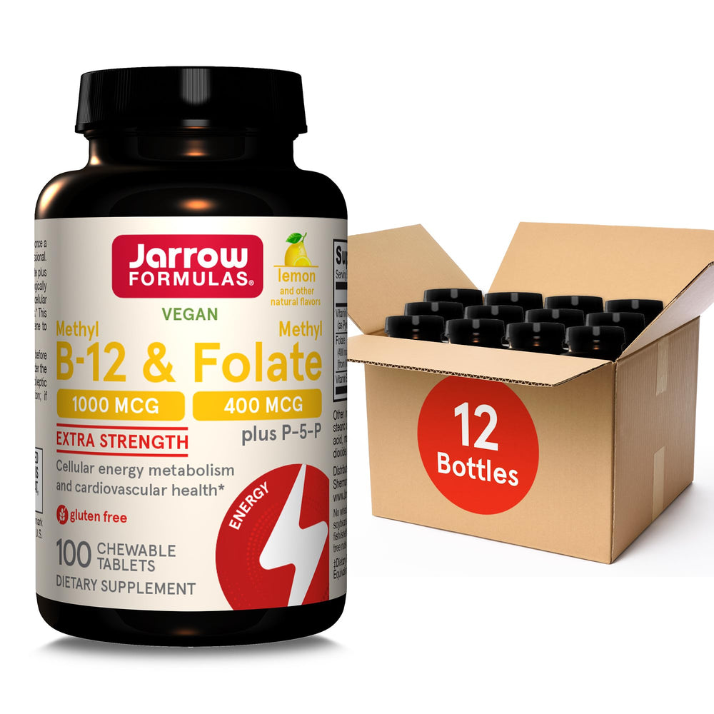 Jarrow Formulas Methyl B-12 lemon chewable tablet bottle for daily energy support.