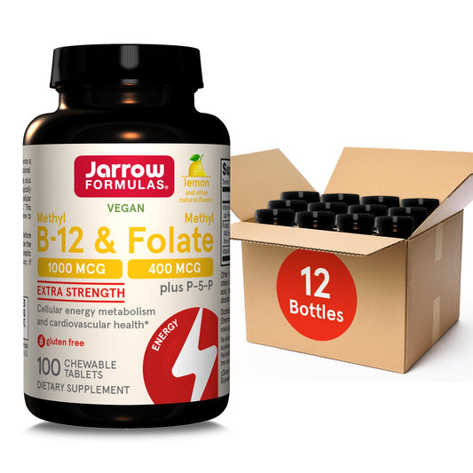 Jarrow Formulas Methyl B-12 lemon chewable tablet bottle for daily energy support.