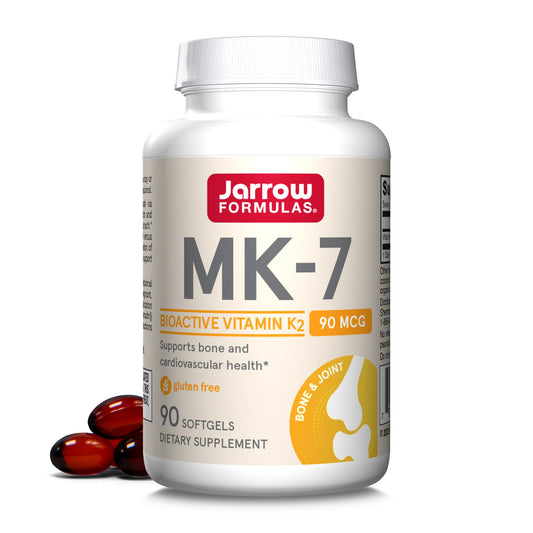Jarrow Formulas MK-7 softgel bottle showing the product and packaging for bone and heart health