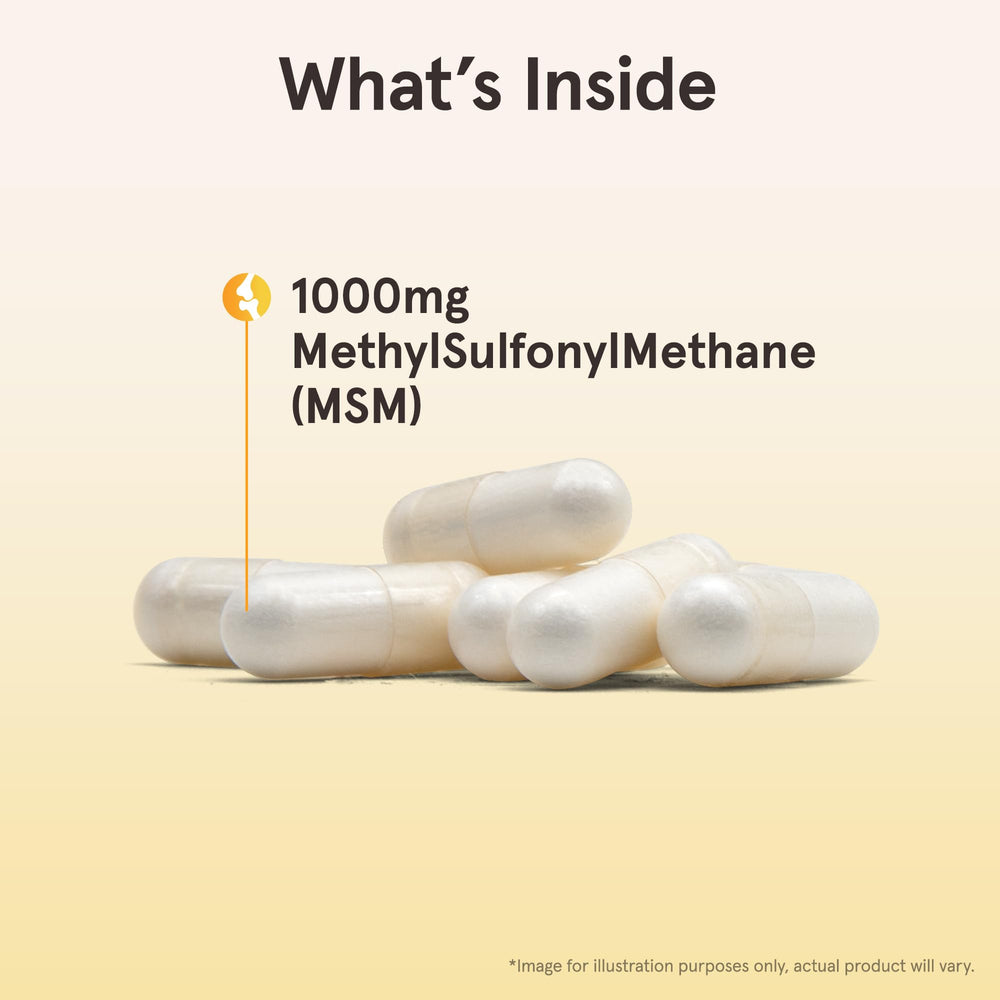 MSM bottle label highlights sulfur source for connective tissue.