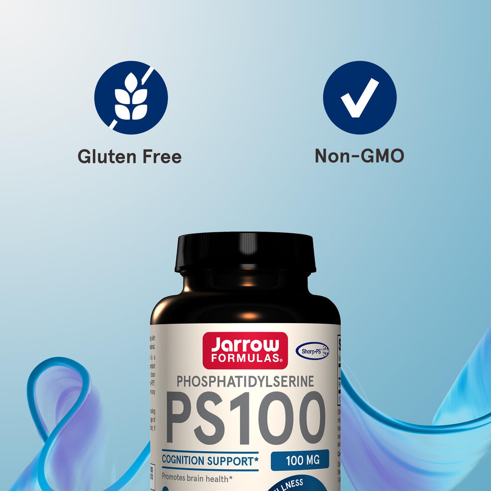 PS100 bottle label close-up showing gluten-free and non-GMO ingredients.