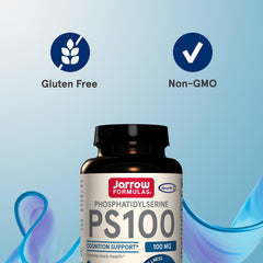PS100 bottle label close-up showing gluten-free and non-GMO ingredients.