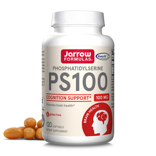 Jarrow Formulas PS100 bottle shows brain health support in a convenient softgel container.
