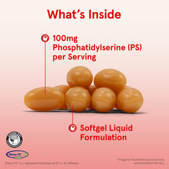 Close-up of Jarrow Formulas PS100 softgels emphasizing 100 mg per capsule.