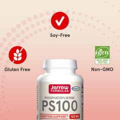 PS100 label highlights gluten-free and non-GMO formulation for brain health.
