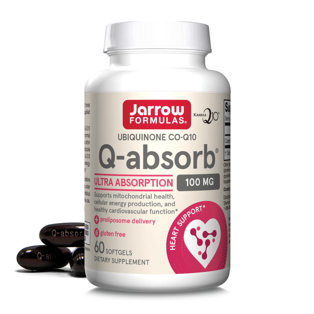 Jarrow Formulas Q-absorb Co-Q10 bottle with ultra absorption delivery supports energy production