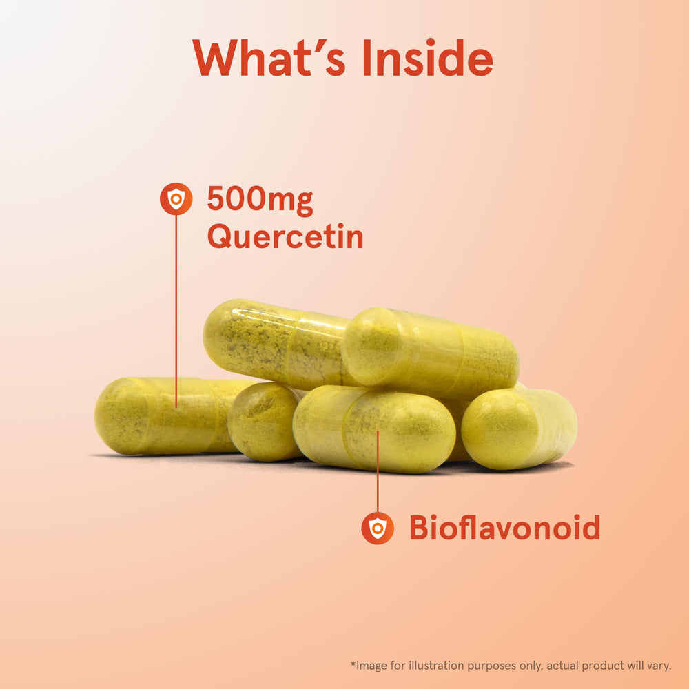 Quercetin 500mg capsules being poured into a daily pill organizer for routine antioxidant support