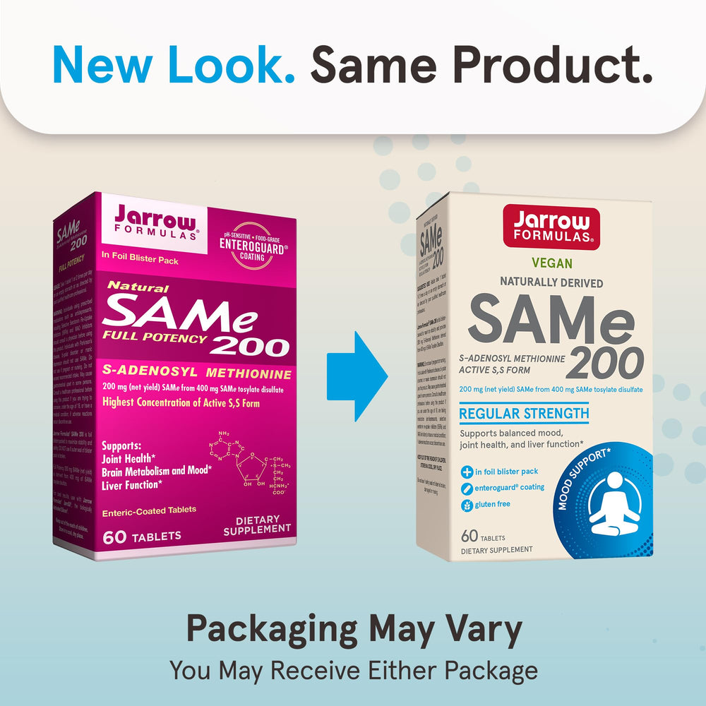 Jarrow Formulas SAMe 200 mg bottle with label highlights enteric coating for stability