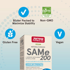 Jarrow Formulas SAMe 200 mg ingredients list close-up emphasizes quality formulation