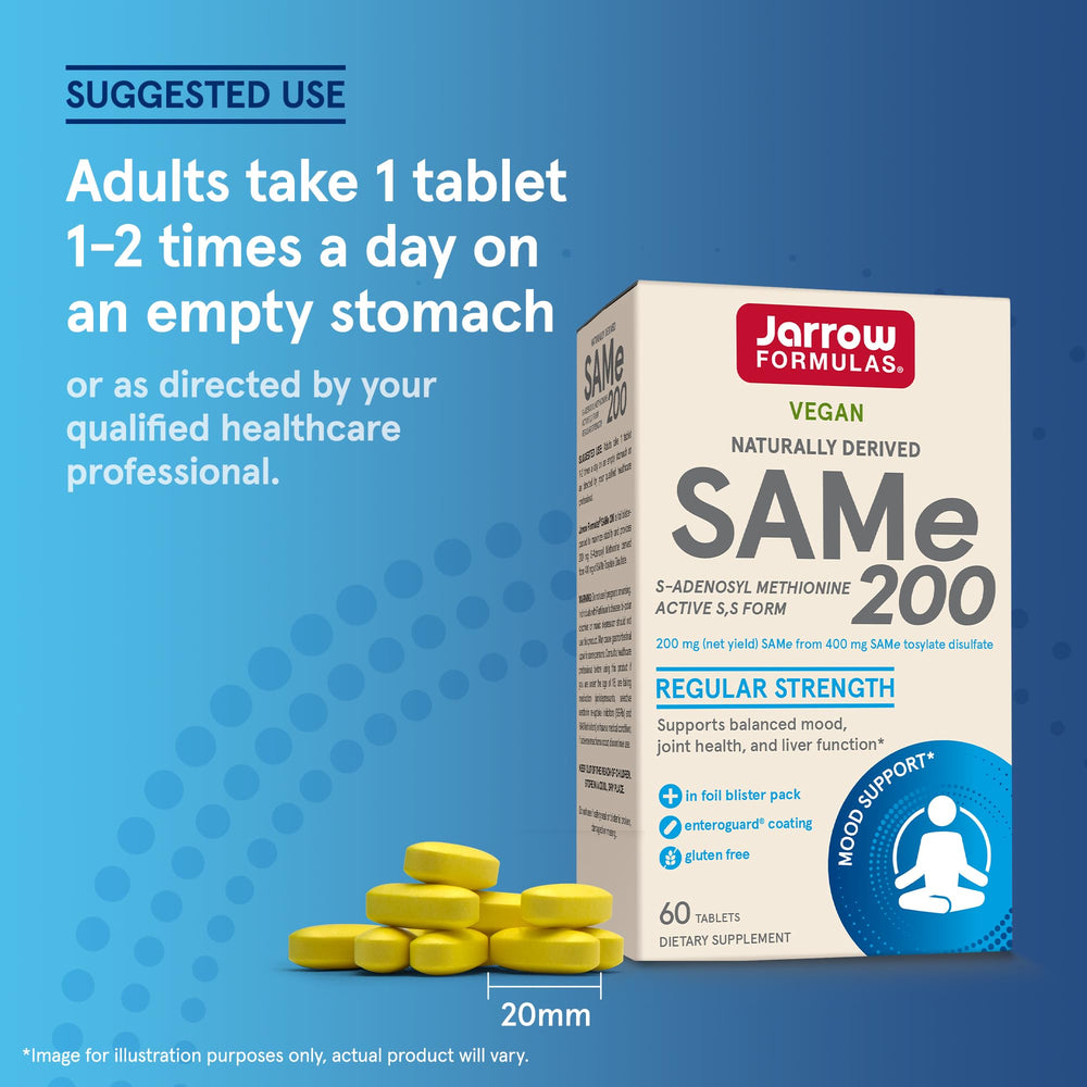 Jarrow Formulas SAMe 200 mg packaging box conveys compact daily supplement