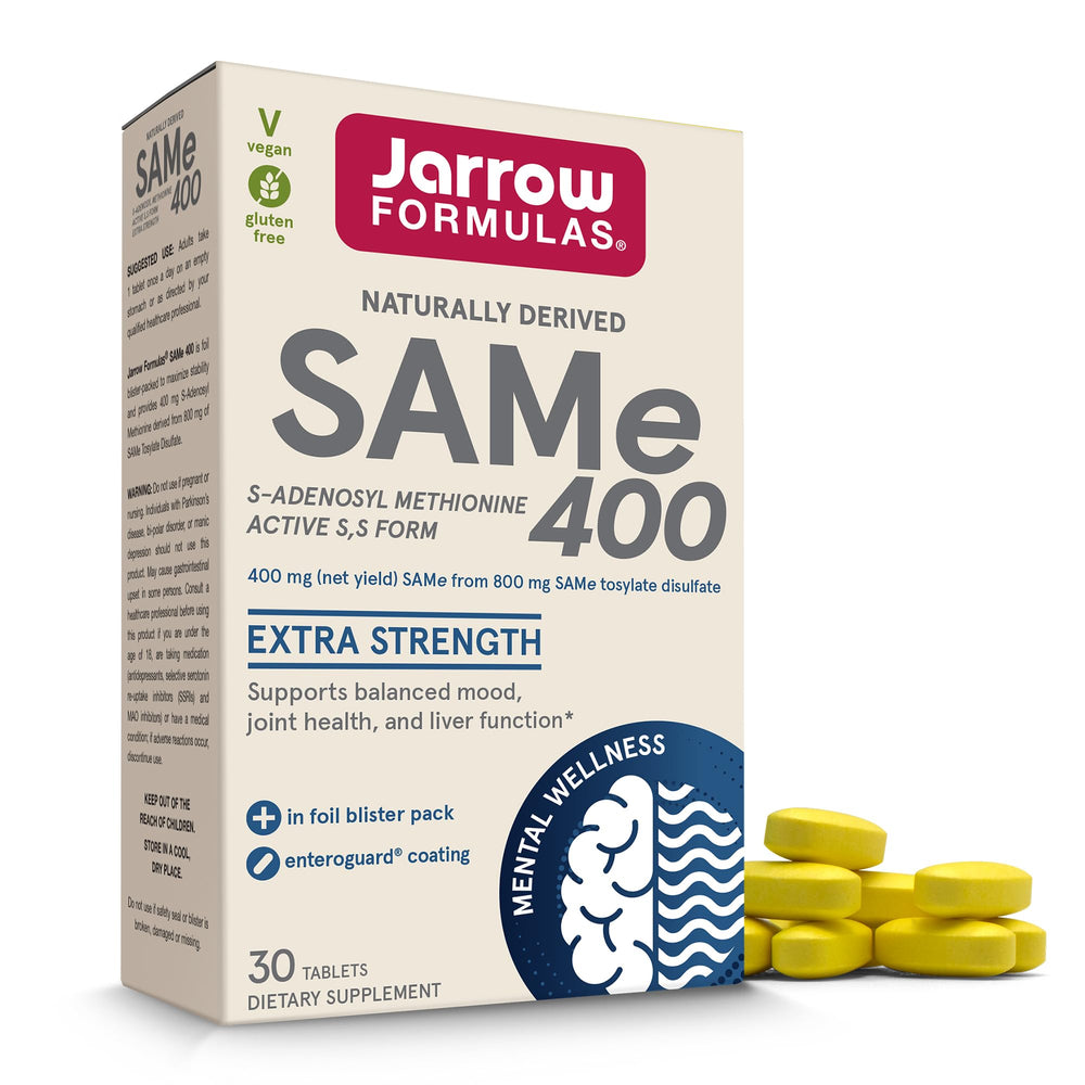 Jarrow Formulas SAMe 400 mg bottle on counter, implying mood and liver support potential.