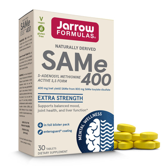 Jarrow Formulas SAMe 400 mg bottle on counter, implying mood and liver support potential.