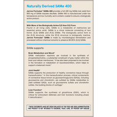 Label note indicating 800 mg tosylate disulfate origin for 400 mg SAMe.