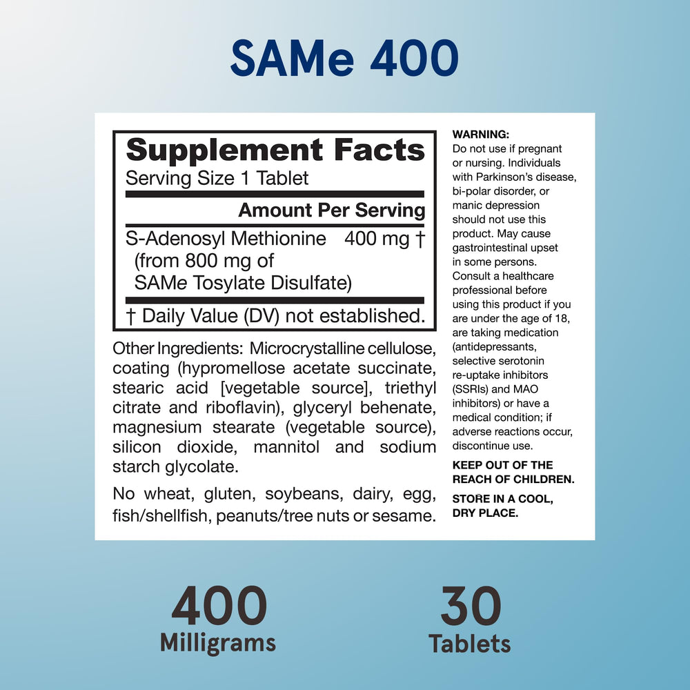 Jarrow Formulas SAMe 400 mg packaging showing 30 servings.