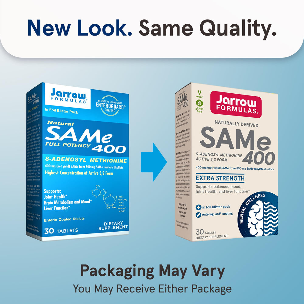 Closeup of SAMe 400 mg tablet, highlighting enteric-coated formulation.