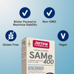Jarrow Formulas SAMe 400 mg vegan formulation icon on the box.